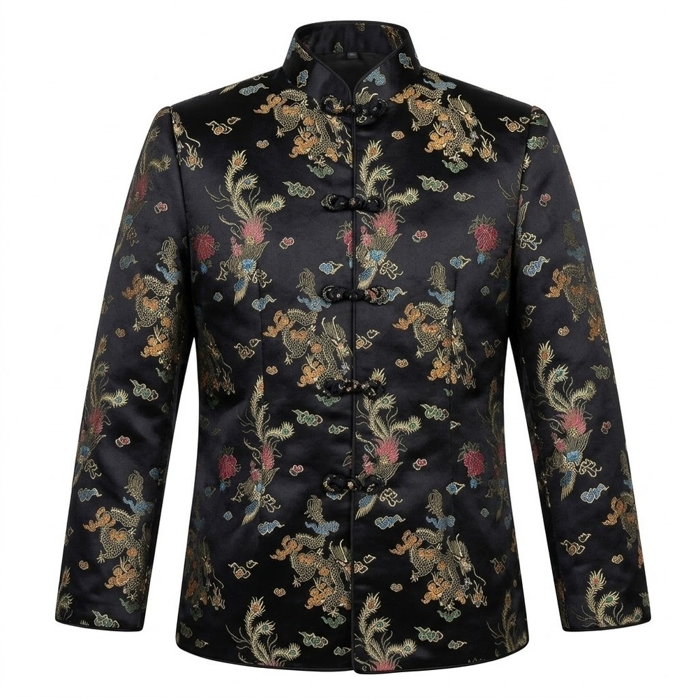 PBL Women's M/L Black Dragon Phoenix Brocade Tang Jacket Mandarin‎ Collar - CJ
